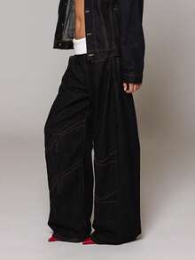 Y2K Women's Streetwear Jeans With Contrasting Stitching - Loose-Fitting Wide-Leg Streetwear Style Pants, Suitable For Both Men And Women, Perfect For Casual Autumn Outfits - 黑色 - 查看 4
