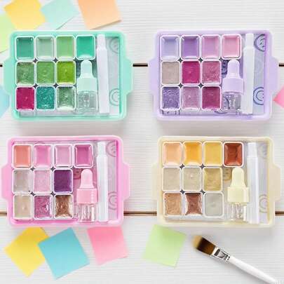 【可爱托盘水彩套装】马卡龙色水彩颜料盒，便携式固体水彩颜料，配有水彩笔和小水瓶，方便外出写生，适合旅行艺术家和初学者。