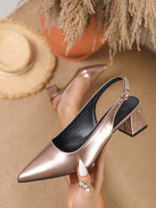 2026 New Pointed Toe Rose Gold Women's Shoes, Strap High Heel Shoes, Thick Heel Open Toe Party Pumps, Fashionable Patent Leather Elegant Ladies Backless Sandals - Rose Gold - View 1