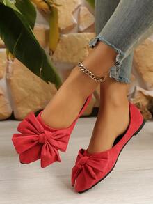 2026 Spring/Autumn New Korean Bowknot Flat Pointed Toe Slip-On Shoes For Women, Suitable For Beach, Home, Office - Red - View 3