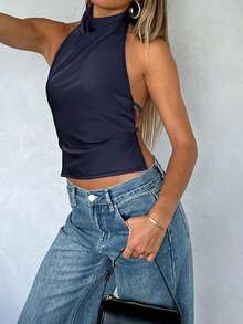 WOWDARK Women's Summer Sleeveless Top, Navy Blue Sexy Satin Backless High Neck Casual Tank Top, Suitable For Carnival, Dates, Gatherings, Parties, Travel, Vacation, Beach And Other Occasions - Navy Blue - View 3