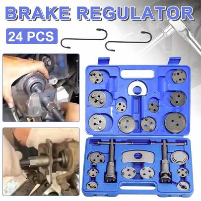 24pcs Brake Caliper Rewind Tool Kit To Wind Back Front And Rear Disc Brake Piston Compression Pad Replacement Master Set Includes 2 Retaining Plates, Left And Right Thrust Bolt Assemblies, 18 Disc Adapters, 2 Brake Hangers, A Carry Case,A Gift For Men