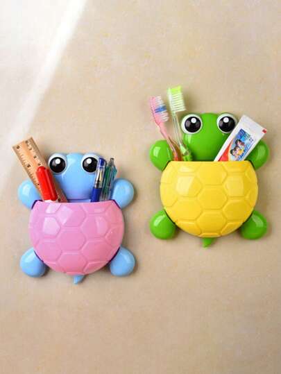 1pc Adorable Turtle Cartoon Wall Organizer With Strong Suction Cups, Multi-Use PP Storage Rack For Kids Toothbrush Toothpaste, Space-Saving Travel Holder For Pens Makeup Brushes & Nursery Decor