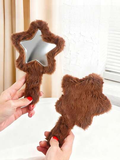 Espejo de tocador de peluche, con forma de estrella de cinco puntas, portátil para dormitorios de estudiantes, para que las niñas se retoqen el maquillaje, superficie de espejo de alta definición, regalo, espejo de mano