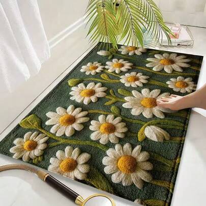 1pc Green Daisy Printed Pattern Design Microfiber Bath Rug, Non-Slip And Super Soft Bathroom Floor Rugs, Doormat, Bathroom Water Absorption Mat, Machine Washable, Low Pile, TPR Backing, Knit Fabric, ForBathroom, Bedroom, Kitchen, Entryway, Indoor & Outdoor Use, Bathroom Accessories & Decor, Perfect New Home Gift.