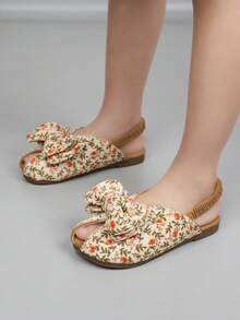 1 Pair Baby Girls' Casual Flat Sandals, Fashion Bow Slip-On Holiday Sandals - Apricot - View 3