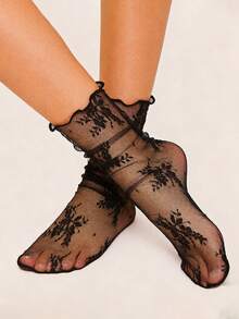 1 双女士法式花卉藤蔓黑白中筒袜 - 舒适、简约、时尚、柔软 - 适合日常穿着、聚会、旅行、居家、商务场合 - 黑與白 - 查看 3