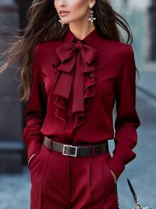 女士优雅长袖衬衫，酒红色，系领，荷叶边和蝴蝶结装饰，常规版型，适合工作、春季和秋季穿着。 - 酒紅色 - 查看 5