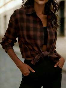 Women's Fashionable Minimalist Plaid Shirt, Suitable For Autumn And Spring Wear, Christmas, Women's Autumn - Dark Brown - View 1