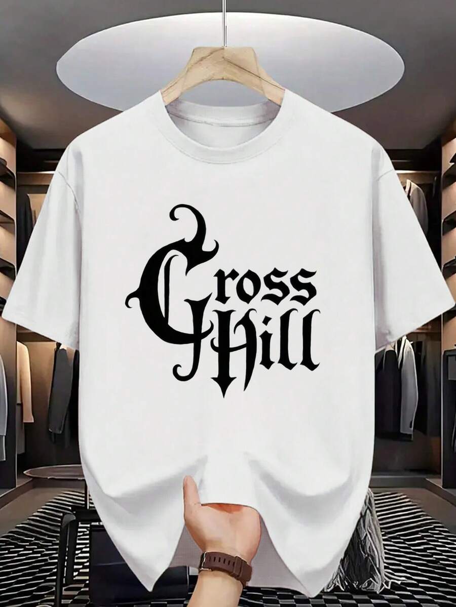 Camiseta de Algodón 100% para Hombre - Manga Corta, Cuello Redondo, Estampado Digital, Cómoda para Todas las Estaciones, Lavable a Máquina, Ideal para Salidas Diarias, Cuello Redondo, Diseño Circular, Camiseta Casual de Verano T-shirt Abstract art print: white wavy line on teal background accented by small orange dots at - Blanco - Ver 1