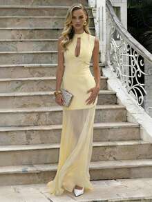 Damen elegantes, lässiges Urlaubskleid mit Mandarin-Kragen und schlanker Passform aus Chiffon - Gelb - Übersicht 5