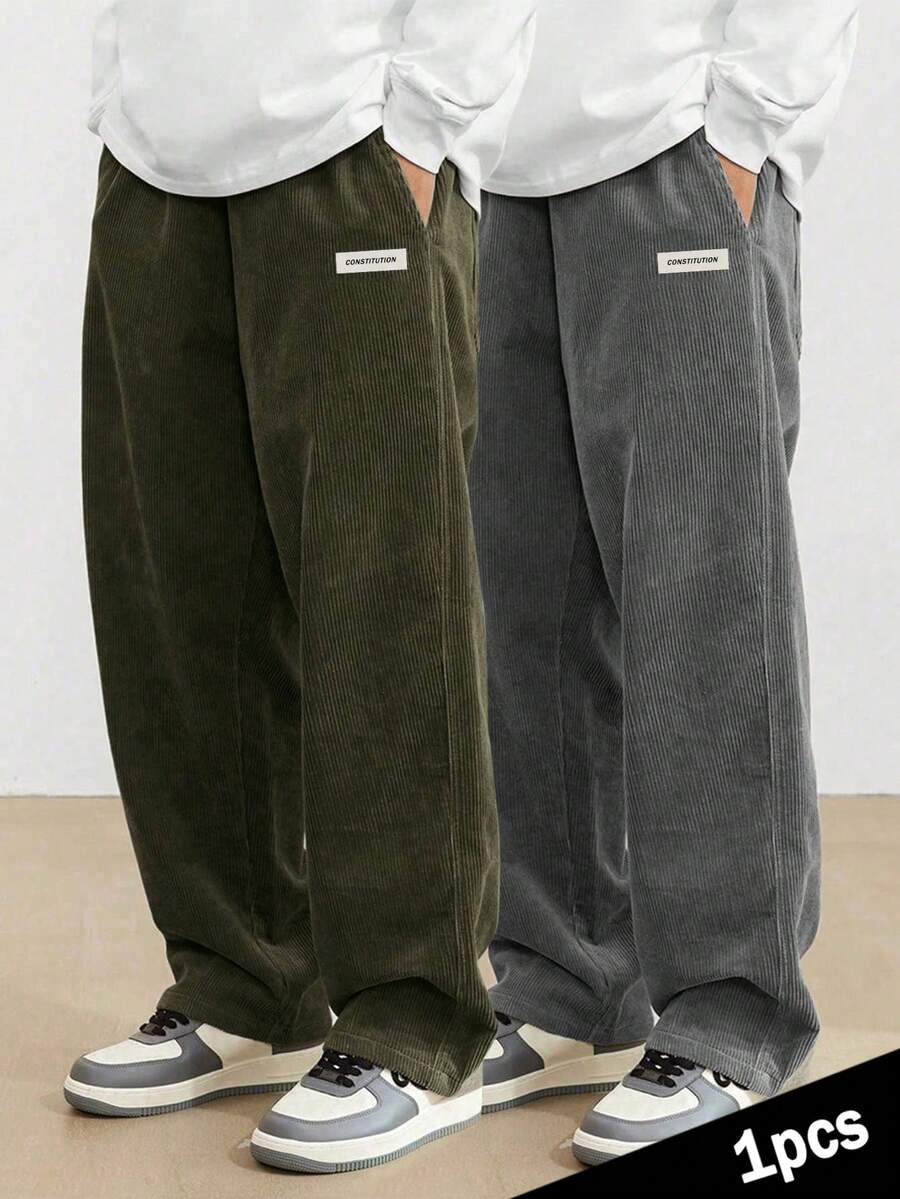 1pc Teenage Boys/Teen Boy Loose Casual Sports Solid Color Versatile Corduroy Straight Pants - Army Green - View 1
