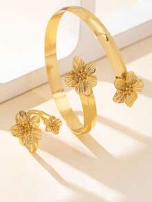 5件套复古金色花朵吊坠项链、手链、戒指、耳环首饰套装，优雅配饰，适合少女日常佩戴、节日、派对、返校礼物 - 彩色 - 查看 6