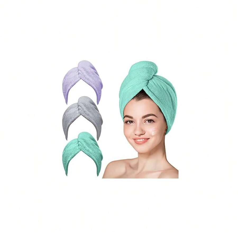 Microfiber Towel, Turbans For Wet Hair, Drying Wrap Towels For Curly Hair Towel Wrap For -Purple,Green,Grey-Pack Of 3,Purple,Green - Green - 查看 1
