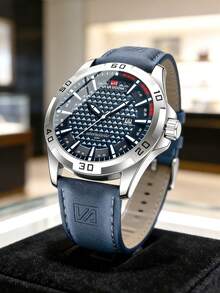 1pc Blue & Yellow Outdoor Sports Style PU Leather Men's Quartz Watch, Calendar Display, Daily Business Casual Fashion Accessory Watch, Ideal Gift For Valentine's Day - one-size - View 3