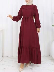 Women's Elegant Casual Solid Color Ruffle Trim Patchwork Lantern Sleeve Dress With Tie Waist, Loose Fit Long Dress For Holiday, Wedding, Daily Wear, Red Spring - Burgundy - View 1