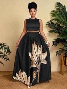 BIUBIU Bộ đồ 2 món dành cho nữ cỡ lớn, thanh lịch, thoải mái, thích hợp cho kỳ nghỉ, mùa hè, mang hơi hướng nhiệt đới (in họa tiết) màu đen. - màu đen - Xem 4