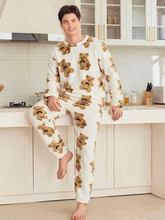 2 piezas Conjunto de pijama de hombre con estampado de oso de peluche de felpa cálida, ropa de dormir de invierno suave y cómoda, diseño lindo de oso de peluche