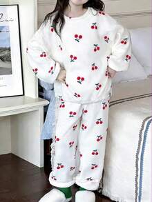 Conjunto de felpa coral con estampado de cerezas, cómodo y versátil, para niñas, otoño/invierno - Blanco - Ver 2