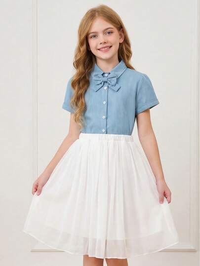 8-12 år gamla flickor 2-delat set: Ljusblå skjorta med krage + rosettdekor + vit plisserad chiffongkjol, kort ärm, andningsbar, resår i midjan, bekväm, fräsch skolstil, mångsidig outfit för vardagsbruk och utflykter, söt elegant sommarny ankomst