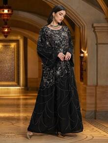 Solessence 女士优雅串珠刺绣圆领阿拉伯风格连衣裙 - 黑色 - 查看 5