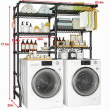 Double Wide Freestanding Clothes Drying Rack, 6 Tier Adjustable Height Carbon Steel Over Washer And Dryer Storage Shelf, 1200 Lbs Heavy Duty Load Capacity, 57.8"W X 22"D X 77.4"H, 2 Long Hanger Rods & 4 Side Hooks, Ultra Large Capacity Space Saving Laundry Room Organizer, Black - 特大雙列浴室置物架 - 查看 4
