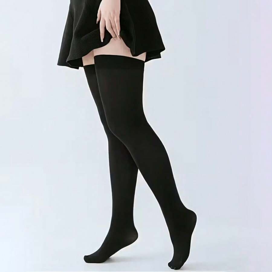 Pair Of 1 Large Size Over-The-Knee Socks, Black Velvet, Thin Sexy JK Uniform Style Thigh-High Socks, Multi-Functional Socks, Suitable For Daily Wear, Elastic For Plus Size - 黑色 - 查看 1