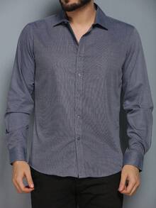 Men's Slim Fit Long-Sleeved Dress Shirt - 深灰色 - 查看 3