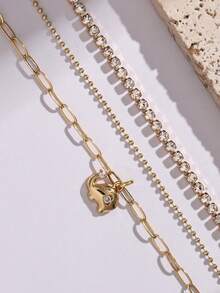 Nooxian 3pcs/Set Women Bracelet Set, Luxury Elegant Gold Elephant Pendant Inlaid Zirconia, Metal Copper Beads & Claw Chain Layered Bracelets, Suitable For Daily Wear - Yellow Gold - View 4