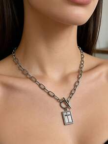 1pc Vintage Minimalist Cross & Geometric Rectangle Tag Pendant Necklace, Women Casual, Party, Work Commute Wear - Cross - View 2