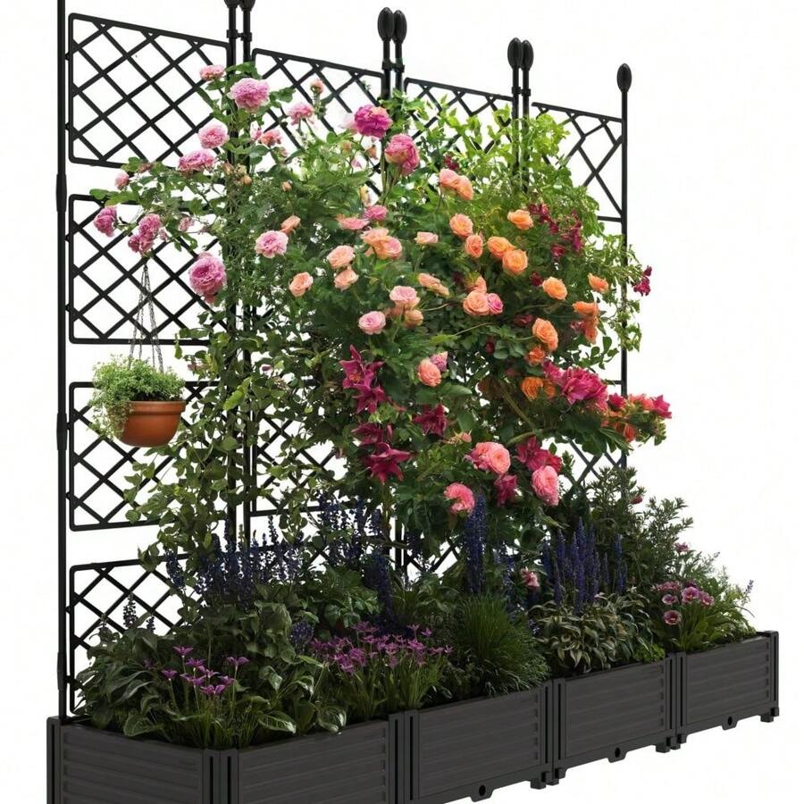 Tall Raised Garden Bed Kit With Tre-Llis - 3pcs/4pcs/7pcs Plastic Plant-Er Box, P-Rivacy Screen For Backyard Climbing Plants & Flowers - Black-4 Sections-upgrade - View 1