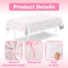 1pc Pink Bow Rectangle Tablecloth,220*130cm/86.6*51.2inch Party Tablecloths Disposable - Pink Bow Pattern Disposable Tablecloths - Plastic Waterproof Tablecloth For Birthday,Valentine's Day,Easter Wedding Party Supply - Pink - View 4