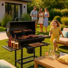 ZZYIBO Asador de Carbon Premium Tipo Barril, con Termómetro y Mesa Lateral Frontal, Ideal para Jardín o Patio, Diseño Portátil con Ruedas. - Negro - Ver 2