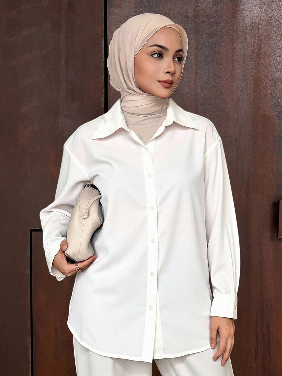 DAZY 女士宽松休闲都市校服衬衫，秋季女装长袖上衣 - 白色 - 查看 1