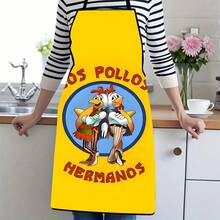 1PC Los Pollos Hermanos Apron With Cartoon Twin Roosters Design Blue Circular Logo Yellow Background Funny Chicken Character Print Kitchen Cooking Apron For Home Chefs Restaurant Staff Food Service Uni
