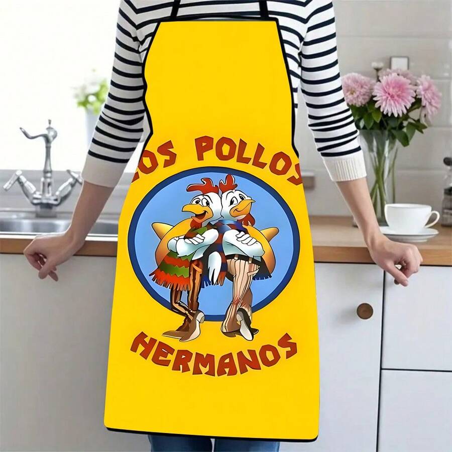 1PC Los Pollos Hermanos Apron With Cartoon Twin Roosters Design Blue Circular Logo Yellow Background Funny Chicken Character Print Kitchen Cooking Apron For Home Chefs Restaurant Staff Food Service Uni