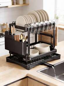 1 Set Removable Dual-Layer Dish Drying Rack, Suitable For Over Sink, Large Capacity Draining Rack Set Includes Dish Rack, Cup Rack, Draining Board, Adhesive Rack And Cutlery Rack - Multicolor - View 10