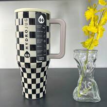 Hydro 40 Oz Black White Checkered With Handle & Flip Straw Tumbler, Perfect For Car Camping, Daily Use, And As Gift. - Hình vuông đen trắng - Xem 4
