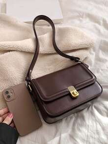 1pc Fashionable Solid Color Trim Minimalist Shoulder Square Bag - Coffee Brown - View 7