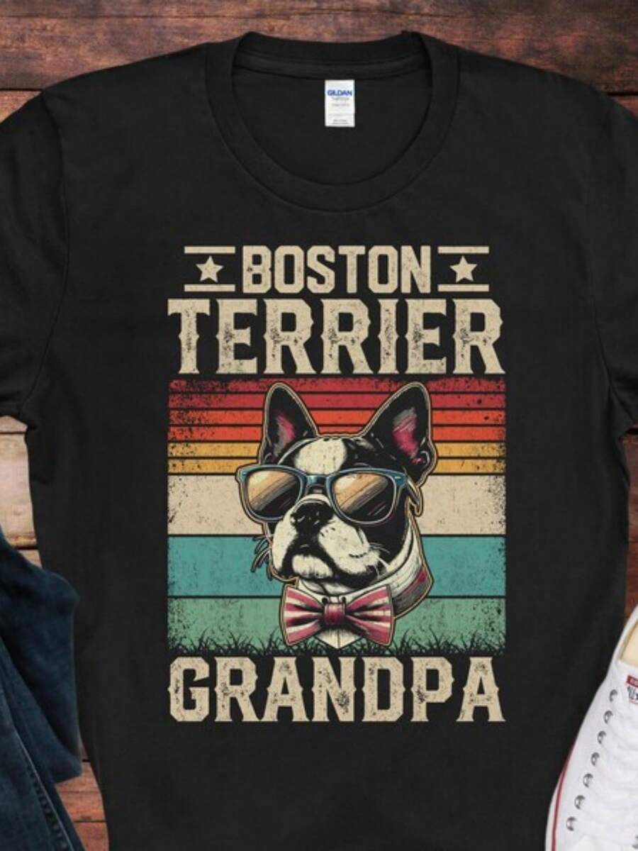Boston Terrier Grandpa T-Shirt _ Funny Boston Terrier Dog Lover Tee _ Gift For Boston Terrier Owners _ Bostie Dog Humor Shirt - 黑色 - 查看 1