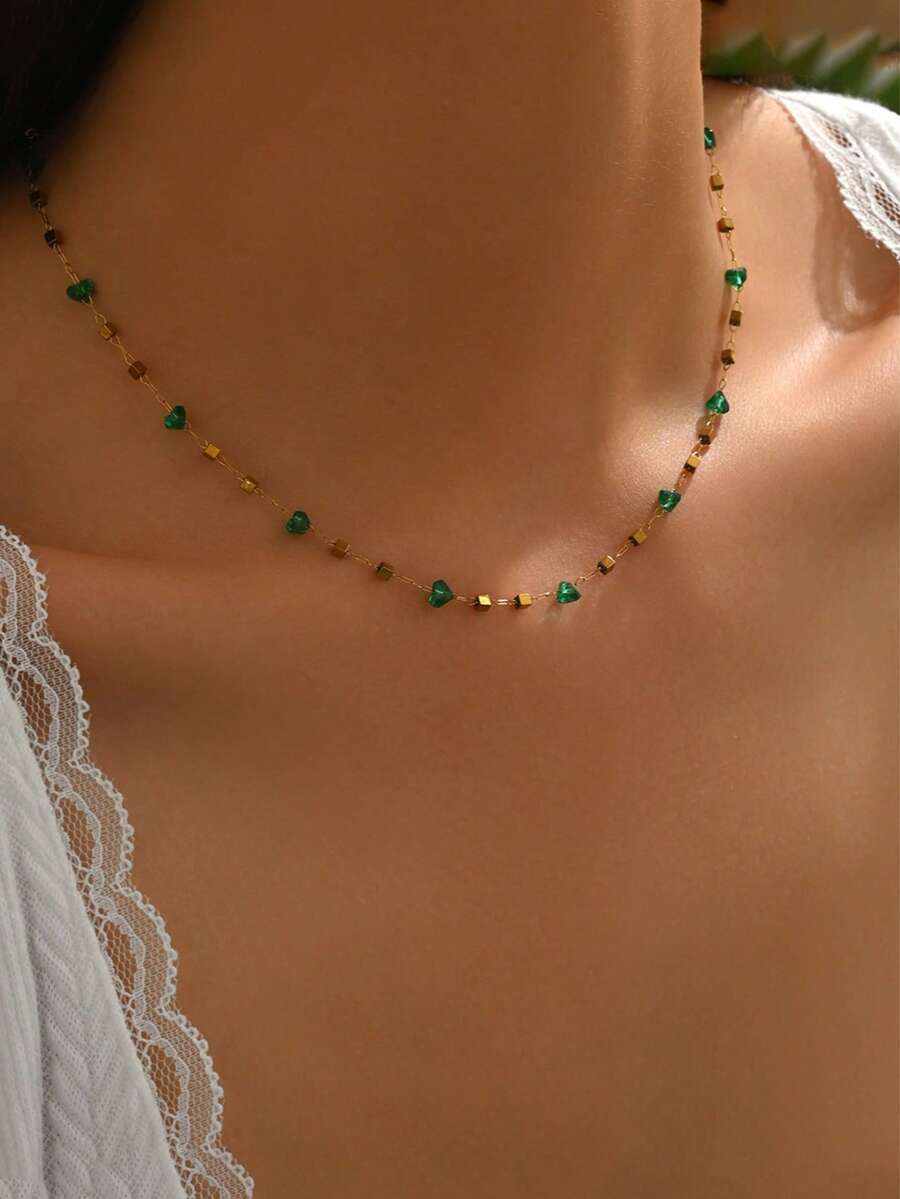 1pc Irregular Emerald Green Stone Stainless Steel Necklace Women's Fashionable Elegant Necklace, Lightweight Waterproof Versatile Choker Necklace For Daily Wear, Party, Date, And Vacation (The Number Of Beads Is Random) - Gold - View 1