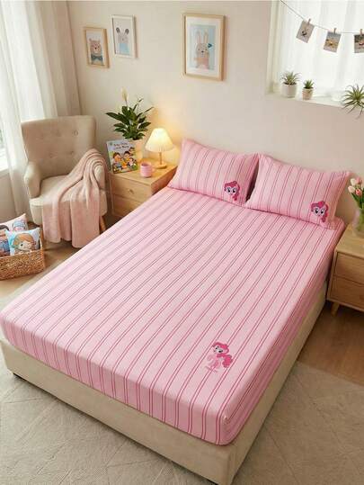  2/3pcs My Little Pony Printed Bedding Set, Includes Fitted Sheet, Mattress Pad Cover, Soft & Breathable, Available In Multiple Sizes For Twin/Full/Queen/King Beds, Machine Washable, Cartoon Character Design, Cozy Room Decor, Great Gift, Pink