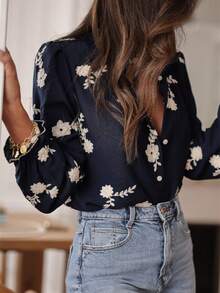 女士春夏刺绣衬衫，时尚优雅休闲宽松长袖立领开衫，奢华刺绣衬衫，适合日常、通勤、度假等场合，百搭实用 - 寶藍色 - 查看 2