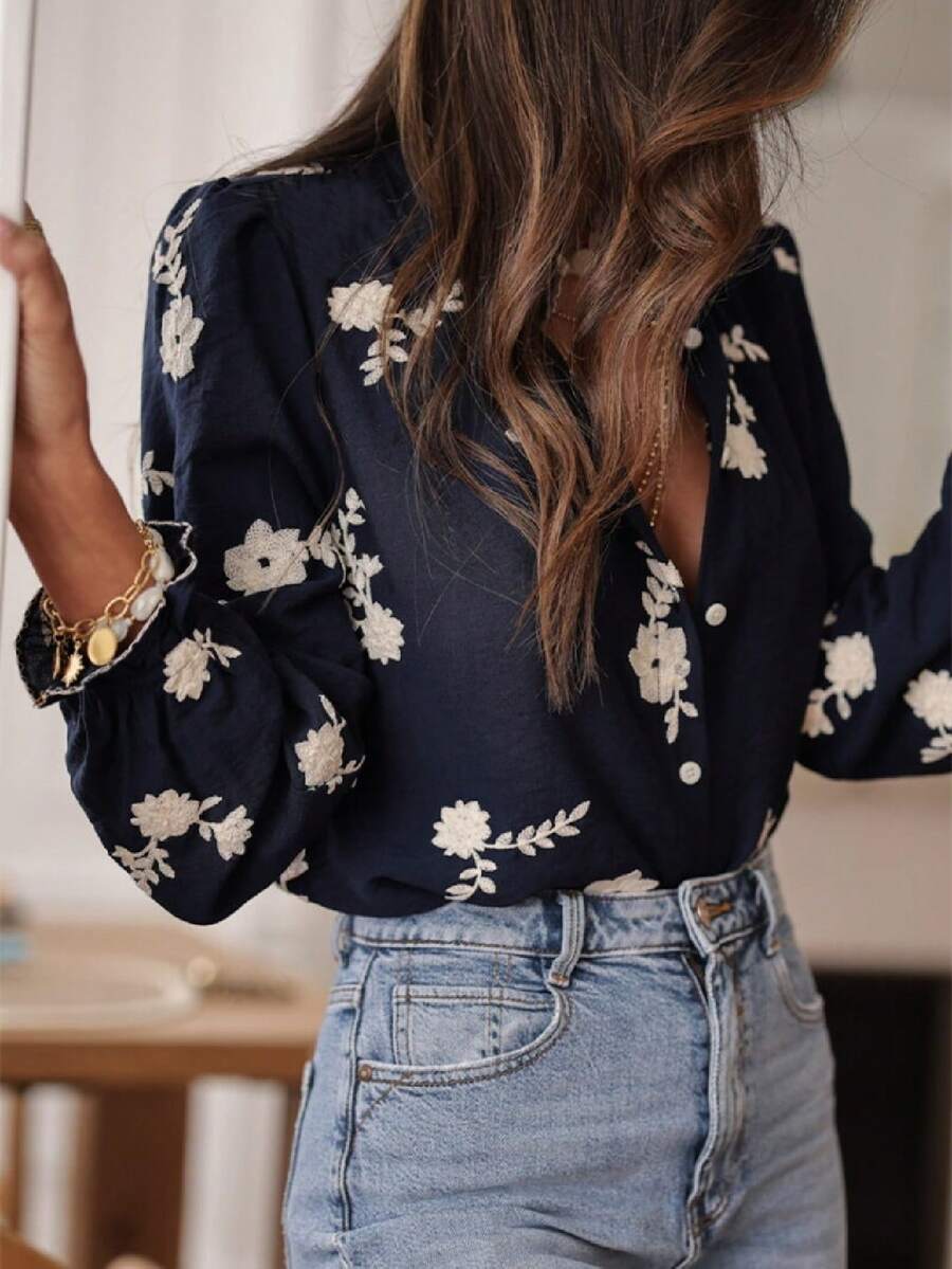 Áo sơ mi nữ thêu họa tiết mùa xuân/hè, áo cardigan tay dài cổ đứng dáng rộng, thanh lịch, sang trọng, thích hợp mặc hàng ngày, đi làm, đi nghỉ mát, đa năng. - Xanh đậm - Xem 1