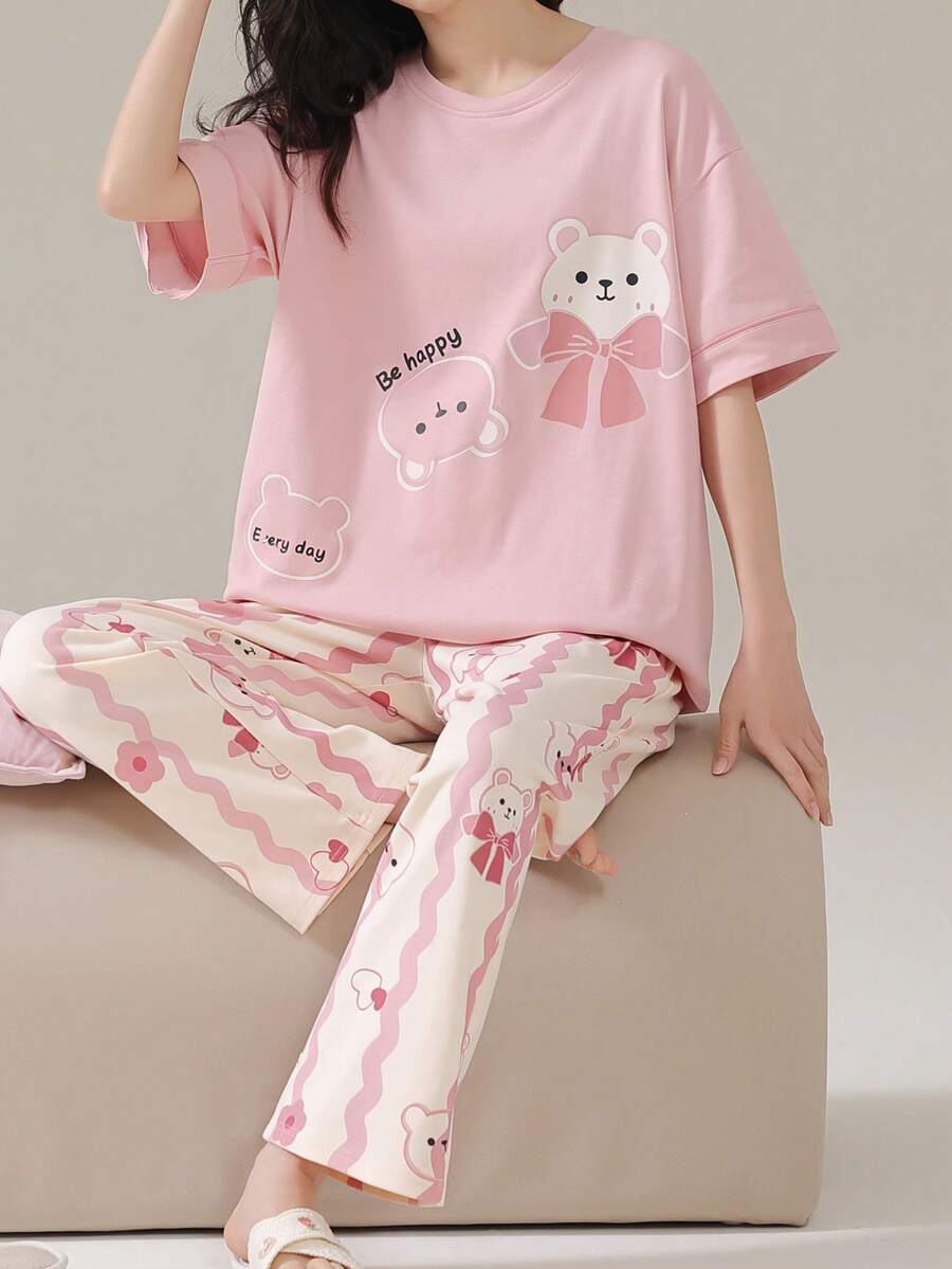 2 piezas Conjunto de pijama para mujer, pantalones de cuello redondo transpirables de manga corta, ropa de dormir de verano - Rosa - Ver 1