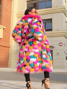 FHILLINUO Plus Size Women Fashion Lapel Collar Color Block Mid-Length Fluffy Coat, Suitable For Daily Street, Travel, Tea Party, Airport, Autumn/Winter Vacation - Nhiều màu - Xem 2