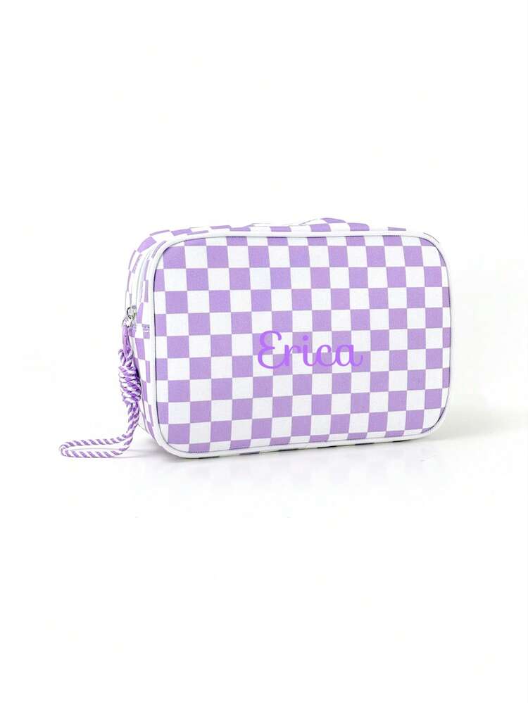 This Minimalist And Personalized Embroidered Checkerboard Pattern Travel Makeup Bag Is A Fashionable And Portable Cosmetic Organizer. It Features A Hook Design Inside For Daily, Travel, And Home Storage, Making It Very Practical. It Also Makes A Perfect Gift For Special Occasions Or Birthdays. - Multicolor - View 16