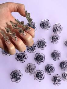 20pcs Gothic 3D Nail Charms - Jelly Black Rose & Silver Metal Thorns Vines - Y2K Acubi Punk Grunge Aesthetic DIY Manicure Parts For Halloween & Cool Girl Style Nails - Dusty Purple - View 8