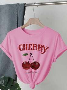 1 PcsCherry Pattern And Letter Printed T-Shirt, Round Neck Short Sleeve Casual Top, Suitable For Women Spring180g 100% Cotton - 粉色 - 查看 1