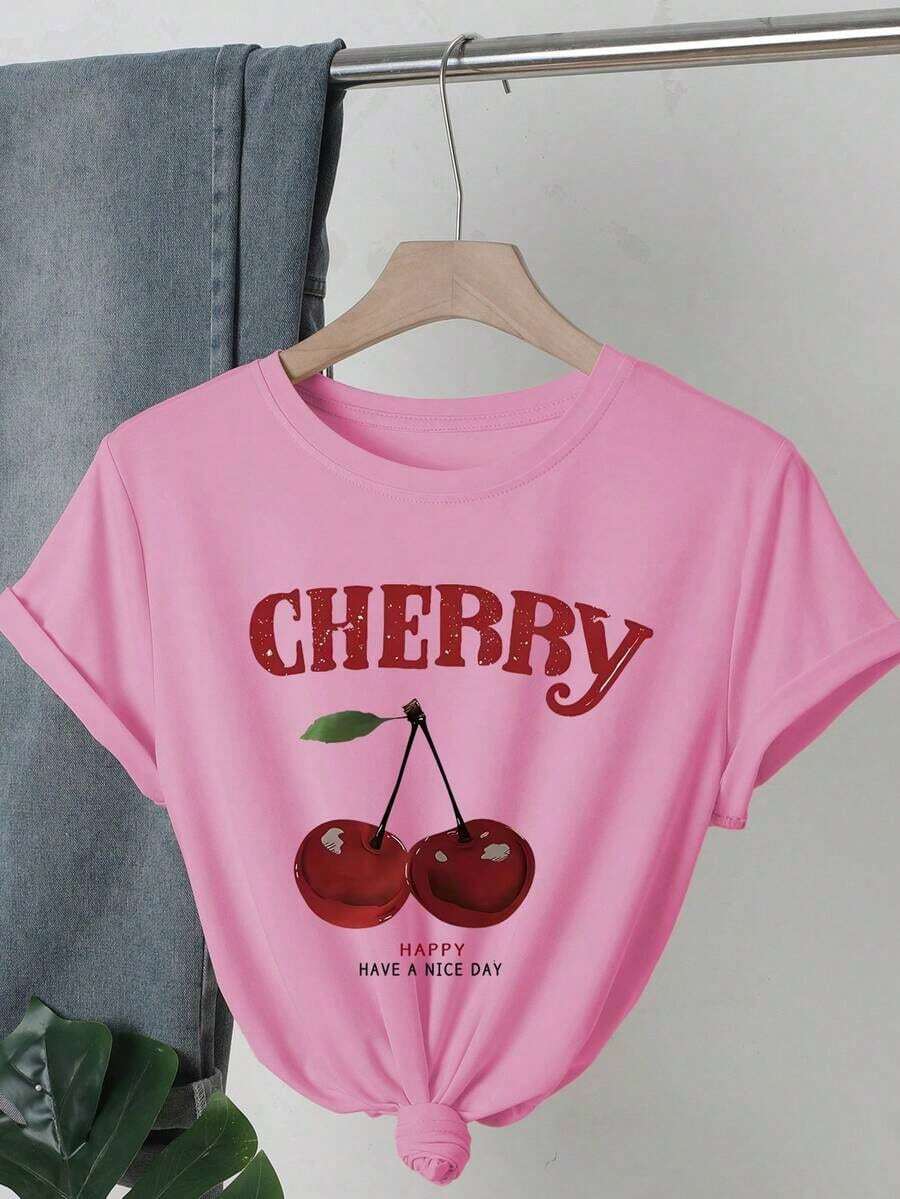 1 PcsCherry Pattern And Letter Printed T-Shirt, Round Neck Short Sleeve Casual Top, Suitable For Women Spring180g 100% Cotton - 粉色 - 查看 1